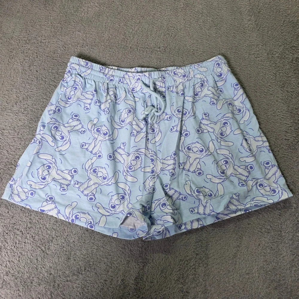 Disney Women XL Pajama Shorts Light Blue Stitch All-Over Print Drawstring Lounge